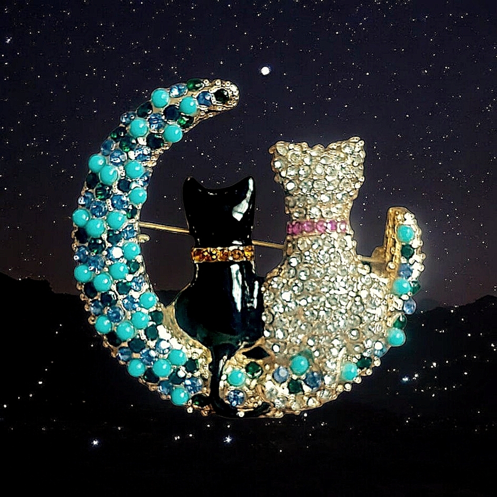 Gold-Tone Cat Duo Crescent Brooch with Turquoise & Crystal Accents